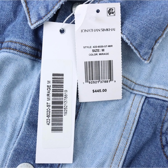 JONATHAN SIMKHAI STANDARD Mirage Patchwork Distressed Denim Blue Jean Jacket - Picture 17 of 17